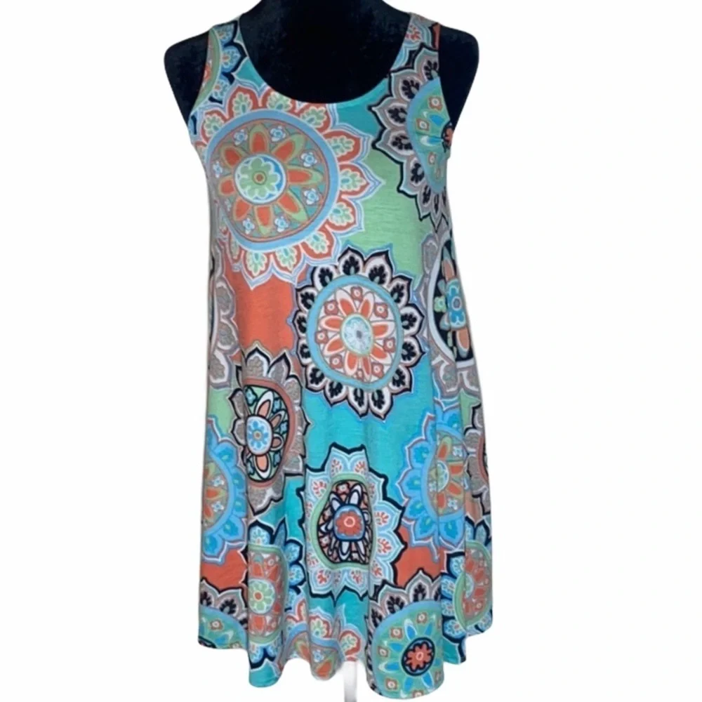 Sleeveless Boho Multicolor Mandala Pattern Swing Dress Juniors Medium